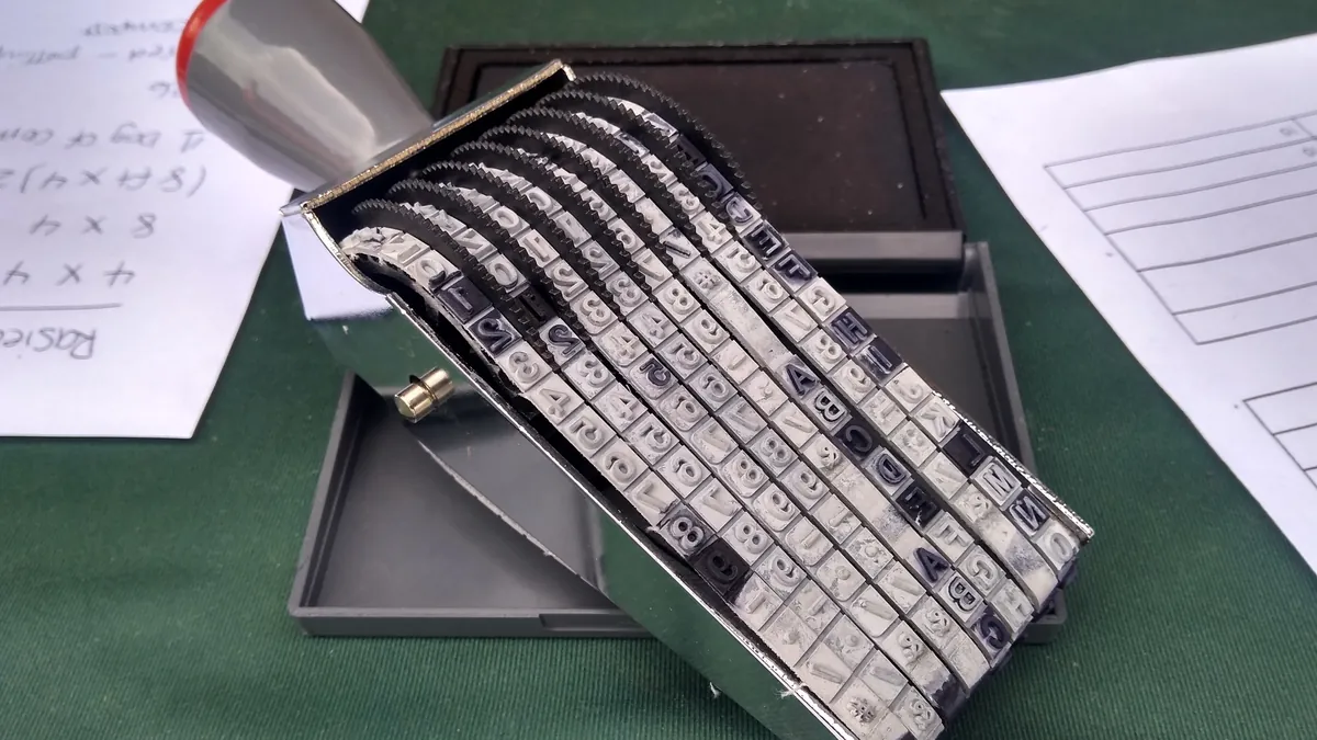 A metal numbering stamp tilted over an ink pad on a green desk, with handwritten papers beside it