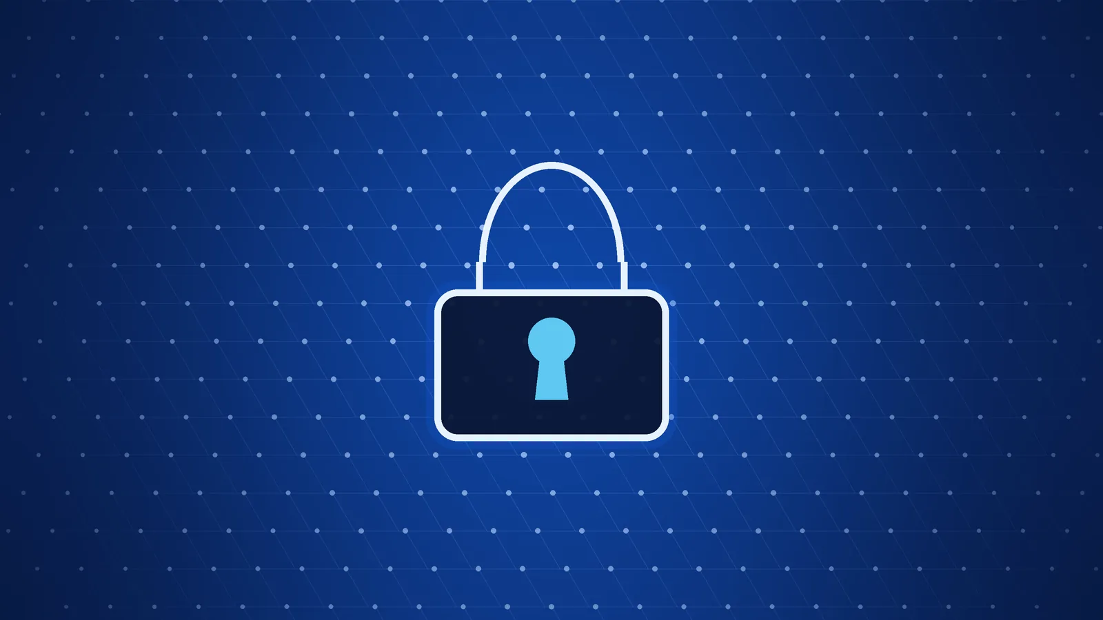 A glowing padlock with a keyhole on a blue background of connected dots