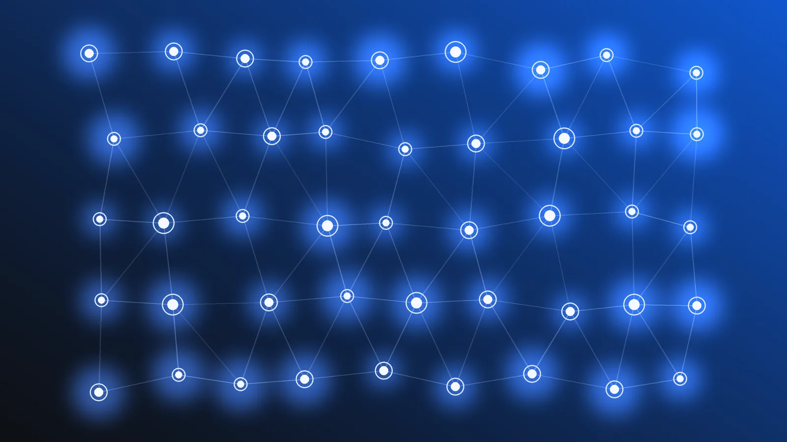 A glowing network of connected points on a deep blue background, like a grid of qubits